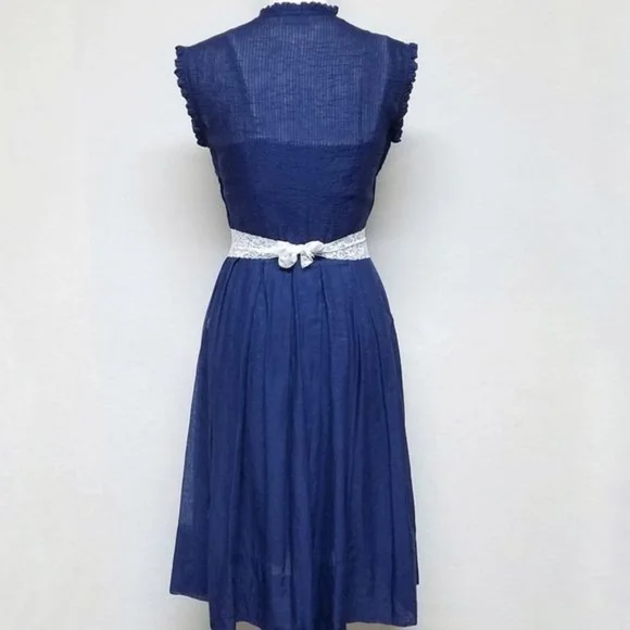 Rare Vintage 40s Glass Original Blue Ruffle Cotton Voile Tie-Waist A-line Dress - Picture 10 of 11
